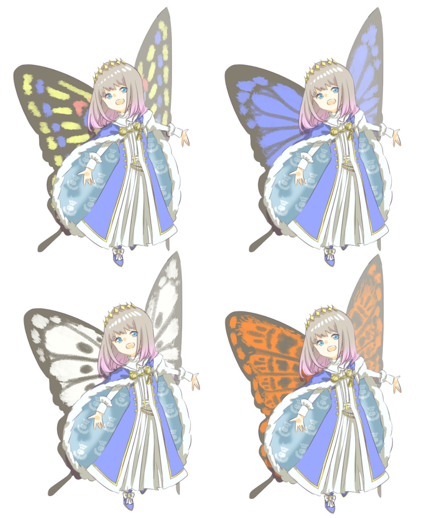 1boy blue_cape blue_eyes blue_footwear blue_wings bow butterfly_wings cape diamond_hairband fate/grand_order fate_(series) footwear_bow fur-trimmed_cape fur_trim grey_hair highres long_sleeves male_focus multicolored_wings nekotasu oberon_(fate) open_mouth orange_wings outstretched_arms white_wings wings