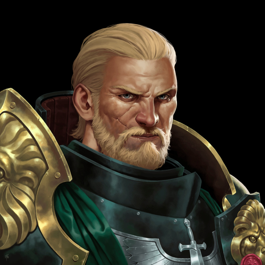 absurdres adrian4rt armor beard black_background blonde_hair blue_eyes cape dark_angels facial_hair gold_armor green_armor hair_slicked_back highres imperium_of_man lion lion_el'jonson male_focus power_armor primarch scar semi_realisim simple_background warhammer_40k