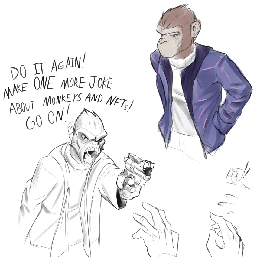 2022 absurd_res angry anthro apex_(starbound) brown_body brown_fur clothed clothing dialogue digital_media_(artwork) disembodied_hand duo english_text fur gun hi_res holding_gun holding_object holding_weapon jacket jarnqk male mammal primate ranged_weapon solo_focus starbound teeth text topwear weapon