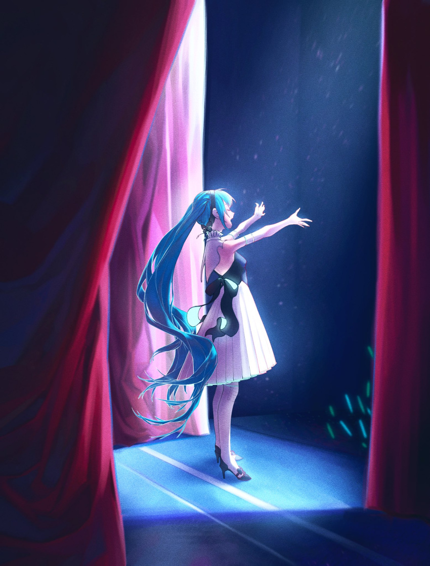 1girl armband audience back_bow bare_shoulders black_bow black_footwear blue_hair bow breasts closed_eyes concert detached_collar dress english_commentary from_behind from_side glowstick hairband hands_up hatsune_miku high_heels highres idol indoors long_hair miku_symphony_(vocaloid) music open_mouth outstretched_arms pleated_dress red_curtains short_dress singing solo_focus stage stage_lights stiletto_heels strapless strapless_dress thighhighs twintails very_long_hair vocaloid white_dress white_thighhighs zero808w