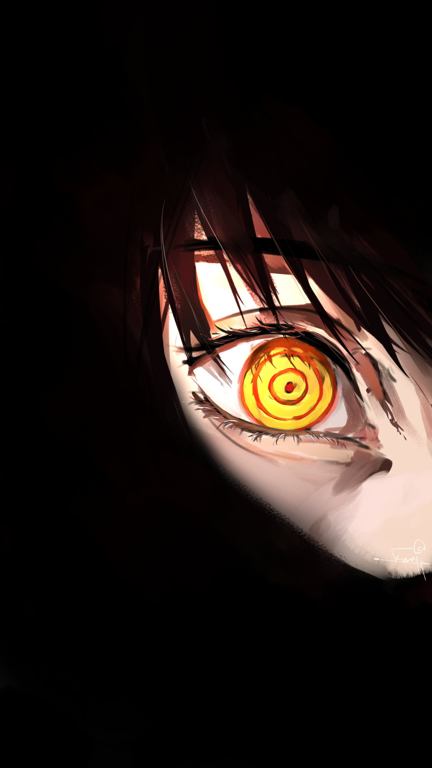 1girl absurdres black_background chainsaw_man covering_face covering_mouth eye_focus eyelashes eyes_in_shadow highres kumah_dessu looking_at_viewer makima_(chainsaw_man) red_hair ringed_eyes simple_background solo yellow_eyes