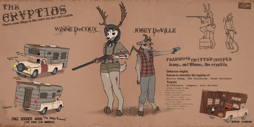 american_mythology anthro antlers blood bodily_fluids bone clothed clothing cryptid duo english_text female fully_clothed gun hi_res horn indigenous_north_american_mythology jersey_devil josey_deville_(posspowered) male model_sheet mythology north_american_mythology posspowered ranged_weapon red_eyes skull skull_head text vehicle weapon wendigo winne_decoux_(posspowered)