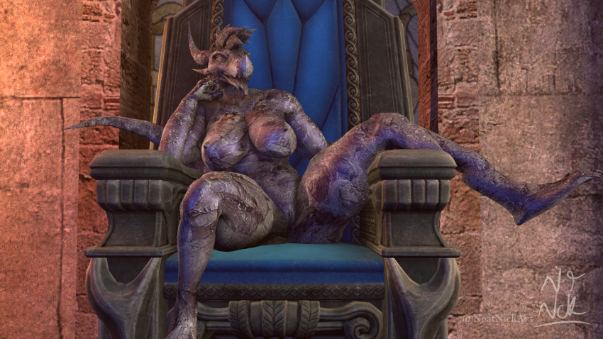 anthro big_breasts breasts chair dragon female furniture genitals hi_res inside looking_at_viewer neatnick nipples nude open_mouth petrification pussy sitting smile solo thick_thighs throne tongue tongue_out