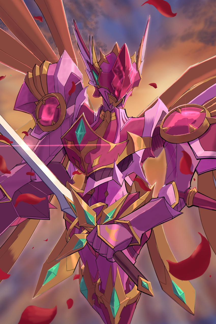 1other absurdres armor digimon digimon_(creature) falling_petals highres holding holding_sword holding_weapon knight lordknightmon lordknightmon_x-antibody nigreenwalker other_focus outdoors petals rose_petals solo sword weapon