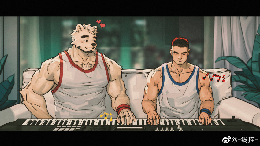 2boys absurdres bara bear_boy beard couch facial_hair furry furry_with_non-furry heart highres instrument interspecies large_pectorals loving_aura male_focus mature_male multiple_boys muscular muscular_male music mustache_stubble on_couch original pectoral_cleavage pectorals playing_instrument playing_piano short_hair shy sidepec size_difference stubble tank_top thick_eyebrows undercut upper_body white_fur white_tank_top xian_miao yaoi