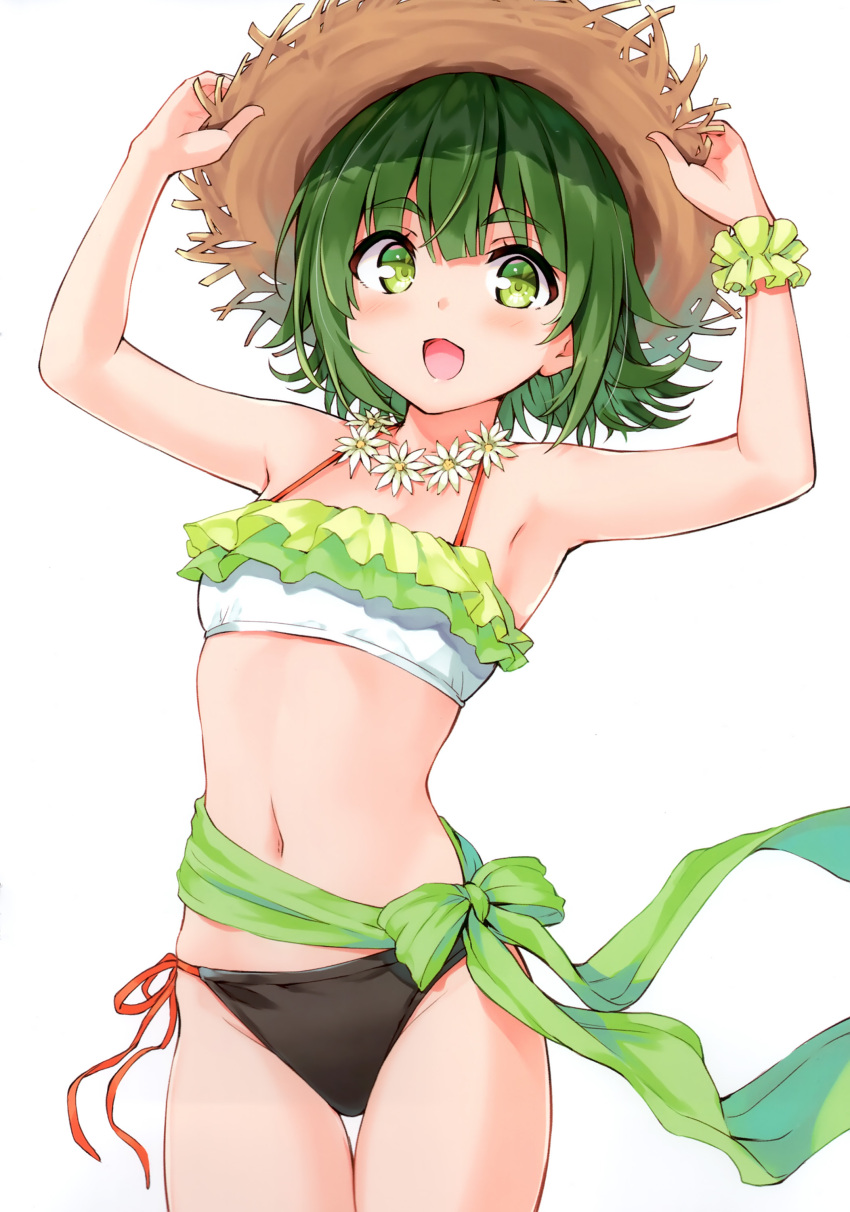 1girl :d absurdres armpits bare_shoulders bikini blush cu-no flat_chest flower flower_necklace green_eyes green_hair hands_up hat highres hisen_kaede holding holding_clothes holding_hat layered_bikini lips looking_at_viewer navel nonono_futaba open_mouth ribbon scan scrunchie short_hair side-tie_bikini_bottom simple_background smile stomach straw_hat swimsuit wrist_scrunchie