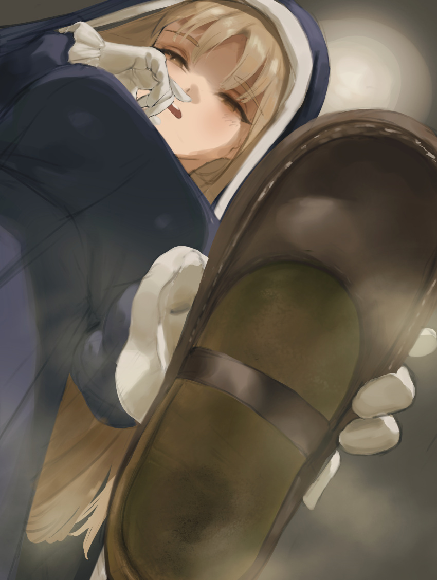 1girl absurdres blonde_hair blue_dress breasts brown_eyes brown_footwear commentary dress dutch_angle eyelashes foreshortening gloves grey_background habit hand_up highres holding holding_shoes impossible_clothes large_breasts long_hair nijisanji nun parted_bangs rito_(ritoxiaying) shoes sister_cleaire sister_cleaire_(1st_costume) smell solo symbol-only_commentary upper_body virtual_youtuber white_gloves