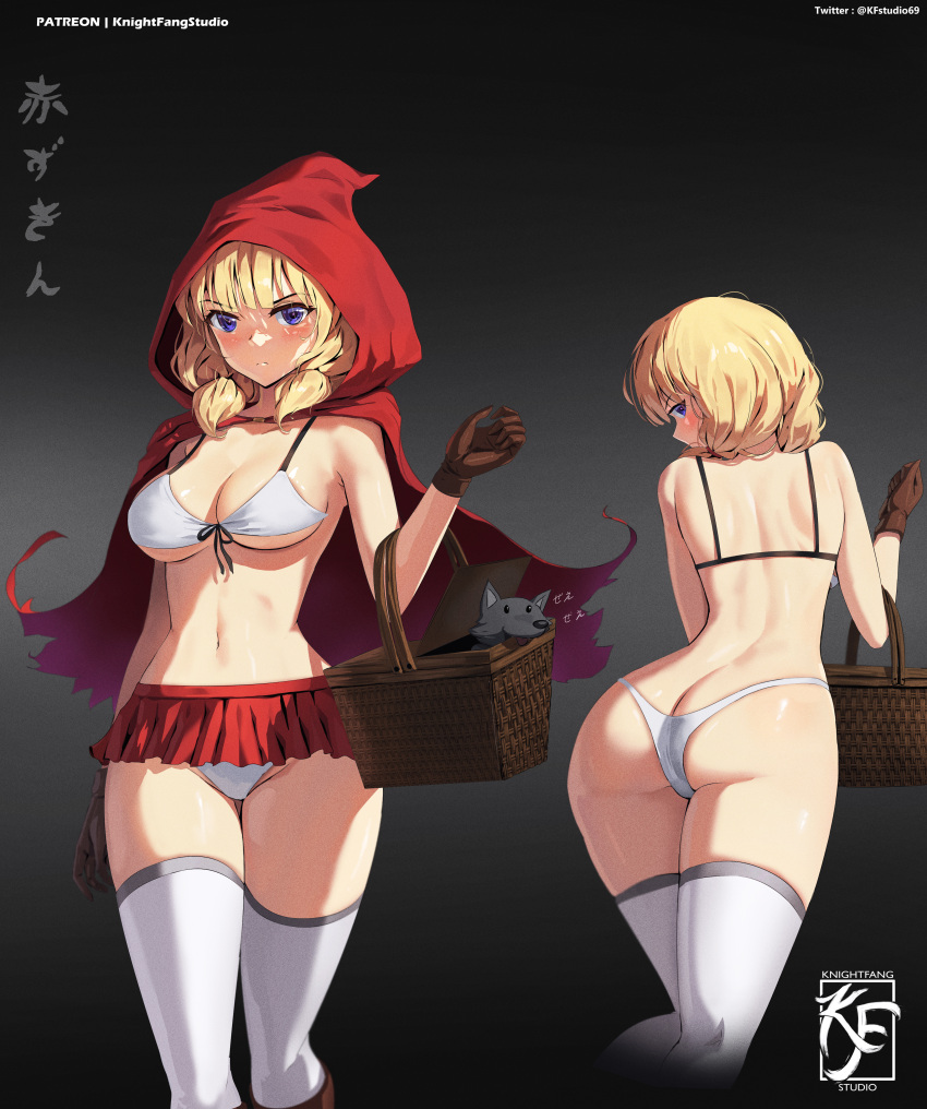 1girl :&lt; absurdres ass ass_visible_through_thighs blonde_hair blue_eyes blush breasts brown_gloves commentary gloves gradient_background highres hood knightfang large_breasts legs_together little_red_riding_hood looking_at_viewer looking_back low_twintails miniskirt multiple_views navel picnic_basket short_hair skirt thick_thighs thighhighs thighs thong twintails underwear white_thighhighs wolf