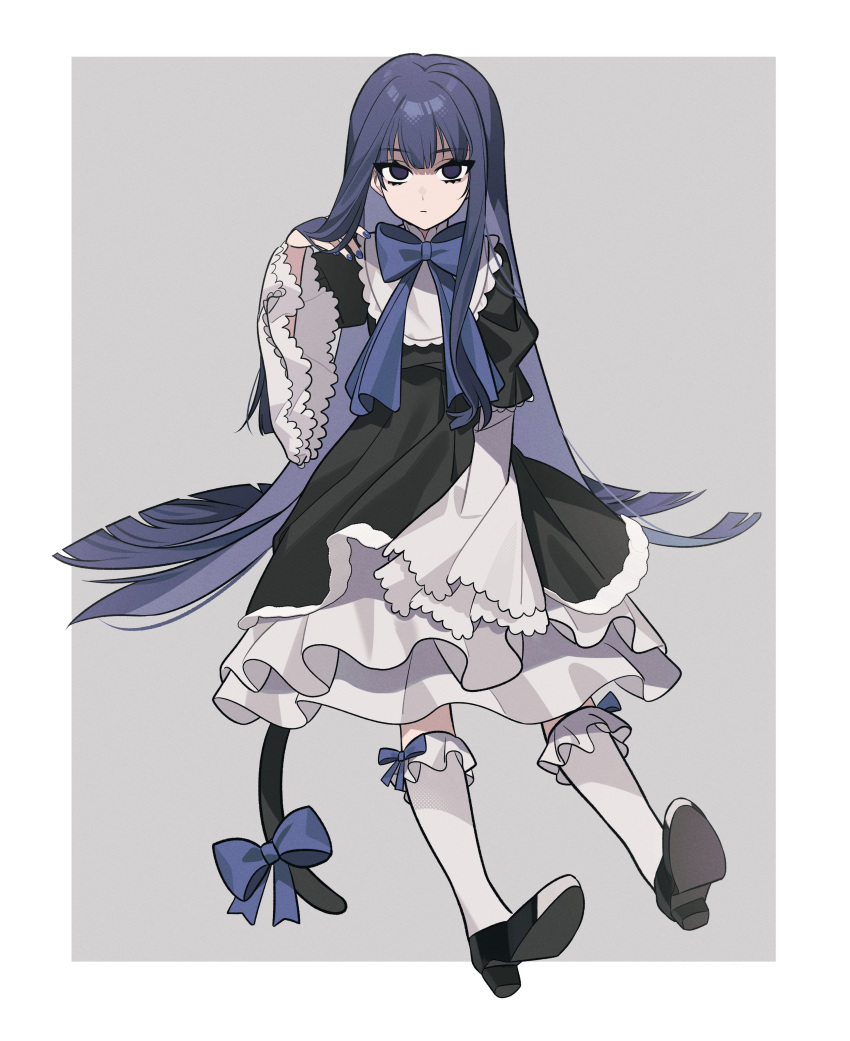 1girl absurdres black_dress black_footwear blue_bow blunt_bangs bow cat_tail dress dress_bow empty_eyes frederica_bernkastel frilled_dress frilled_sleeves frills highres kiliko-san layered_dress long_hair puffy_sleeves purple_eyes purple_hair sidelocks solo tail tail_bow tail_ornament umineko_no_naku_koro_ni wide_sleeves witch