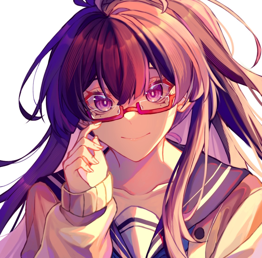 1girl benghuai_xueyuan close-up collarbone eyewear_removed glasses hair_between_eyes hand_up honkai_(series) kurokunry long_hair long_sleeves looking_at_viewer mei_(honkai_impact) ponytail purple_eyes purple_hair red-framed_eyewear sailor_collar school_uniform semi-rimless_eyewear simple_background smile solo white_background