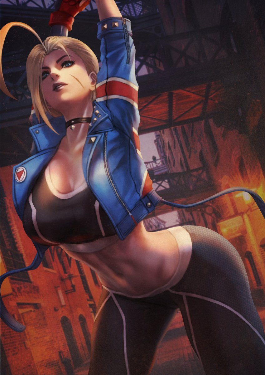 1girl abs absurdres ahoge alley arched_back arms_up asymmetrical_gloves bent_over black_pants black_sports_bra blonde_hair blue_eyes blue_jacket breasts cammy_stretch_(meme) cammy_white cleavage commentary cropped_jacket english_commentary eyelashes highres huge_ahoge jacket large_breasts makeup mascara meme monori_rogue narrow_waist navel paid_reward_available pants pendant_choker scar scar_on_cheek scar_on_face short_hair solo sports_bra street_fighter street_fighter_6 stretching thick_thighs thighs tight tight_pants toned union_jack yoga_pants