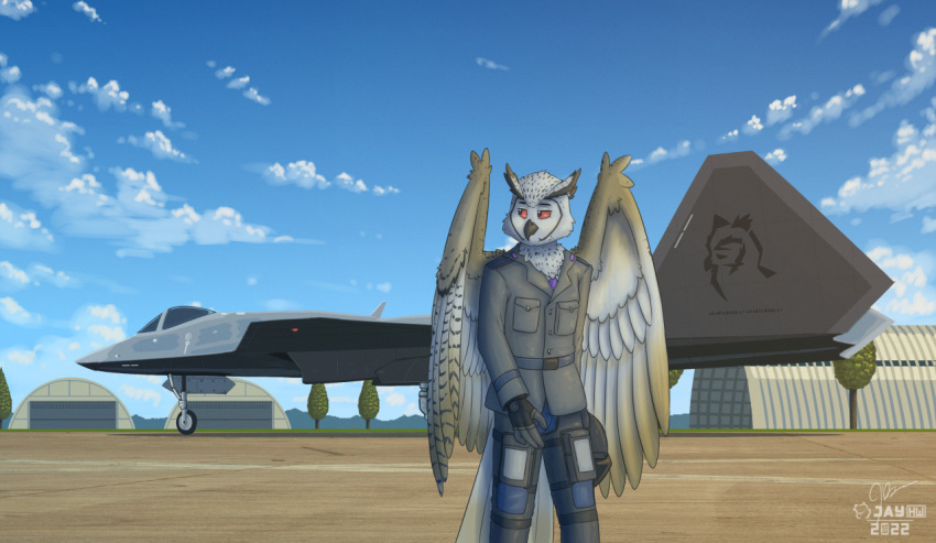 2022 4_fingers aircraft airfield airplane anthro armor artist_logo avian back_wings beak big_wings bird black_clothing black_eyebrows black_gloves black_handwear black_helmet blue_bottomwear blue_clothing blue_pants blue_sky bottomwear brown_body brown_feathers bubo_(genus) chest_tuft clothing detailed_background eurasian_eagle-owl eyebrows f-22 facial_markings feathers fingerless_gloves fingers gloves gradient_wings grey_beak grey_clothing grey_jacket grey_topwear handwear hanger head_markings head_tuft headgear helmet hill holding_armor holding_headgear holding_helmet holding_object jacket jet logo looking_back male markings necktie owl pants plant purple_necktie red_sclera sammfeatblueheart shaded signature sky solo speckled_body spots spotted_body spotted_feathers striped_feathers tan_body tan_feathers thieu_(thieutheowl) topwear tree true_owl tuft white_body white_clouds white_feathers wing_tuft wings