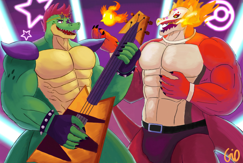 abs absurd_res alligatorid anthro barazoku belt clothing concert crocodilian duo eye_contact eyewear fire five_nights_at_freddy's five_nights_at_freddy's:_security_breach generation_9_pokemon gio-joe guitar hi_res looking_at_another male montgomery_gator_(fnaf) muscular muscular_anthro muscular_male music musical_instrument neon_lights nintendo pecs plucked_string_instrument pokemon pokemon_(species) reptile scalie scottgames singing skeledirge steel_wool_studios string_instrument sunglasses underwear