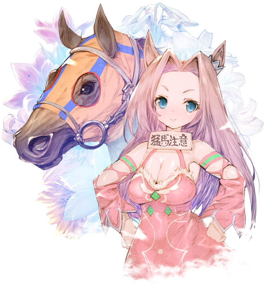 1girl animal_ears blue_eyes breasts bridle brown_hair cleavage commentary_request creature_and_personification detached_sleeves dress ear_ornament floral_background flower_request forehead hair_intakes highres hood horse horse_ears horse_girl kawakami_princess_(racehorse) kawakami_princess_(umamusume) long_hair looking_at_viewer pink_armband pink_dress real_life short_eyebrows sleeveless sleeveless_dress translated two-legged_horse_(kanji) umamusume upper_body usapenpen2019 wide_sleeves