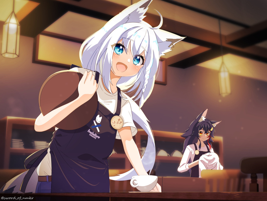 2girls absurdres ahoge animal_ear_fluff animal_ears apron black_apron black_hair blurry blurry_background blush braid chair commentary_request counter cup earrings fox_ears fox_girl green_eyes hair_between_eyes hair_ornament hairclip highres holding holding_cup holding_plate hololive indoors jewelry long_hair looking_at_viewer multicolored_hair multiple_girls murasame_(sword_of_nmkr) name_tag ookami_mio open_mouth plate red_hair shirakami_fubuki shirt sidelocks single_braid smile streaked_hair table virtual_youtuber white_hair white_shirt wolf_ears wolf_girl yellow_eyes