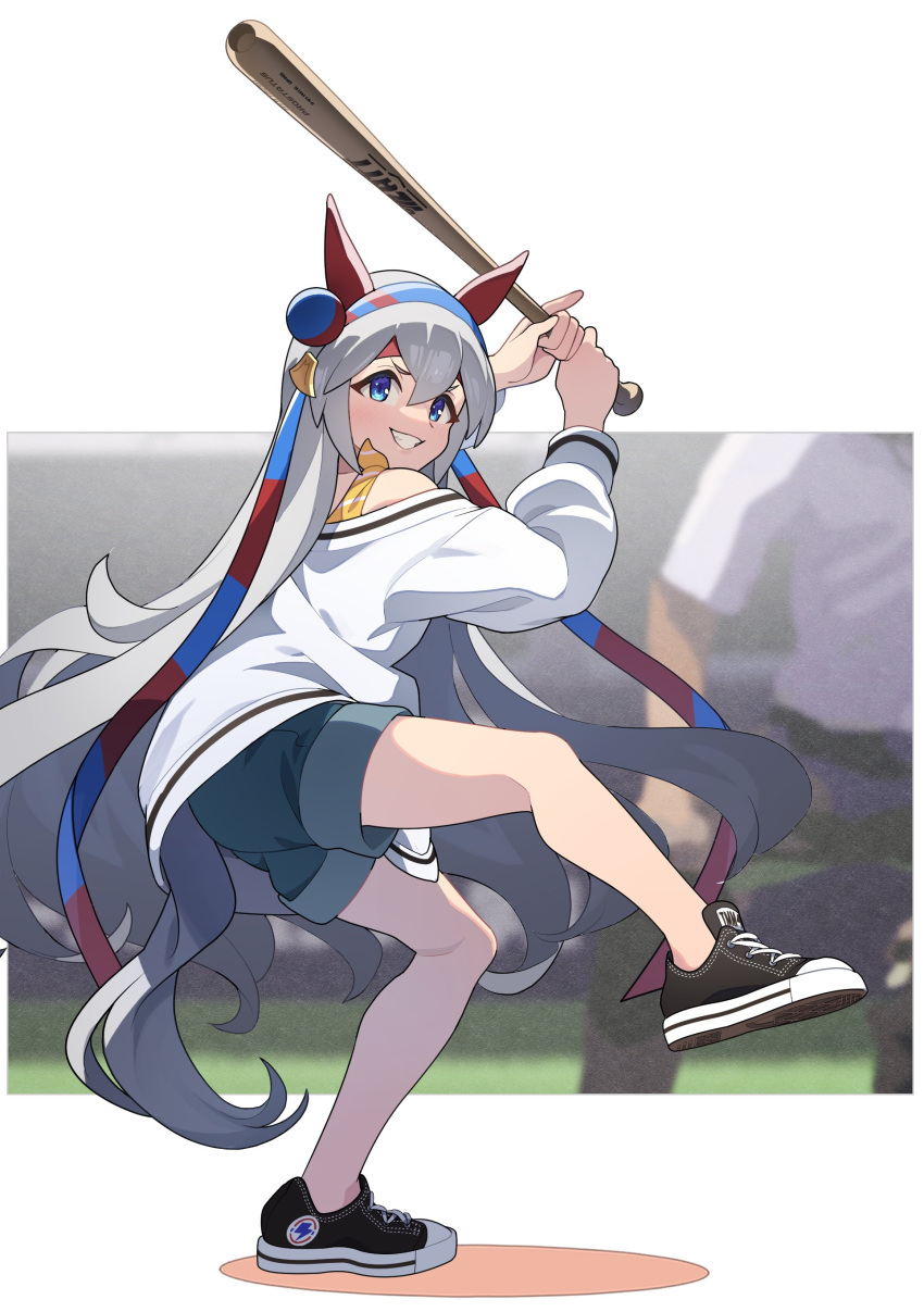 1girl absurdres animal_ears baseball baseball_bat black_footwear blue_eyes blue_hairband blurry blurry_background commentary_request denim denim_shorts ear_ornament full_body grey_hair grin hair_between_eyes hairband highres holding holding_baseball_bat horse_ears horse_girl horse_tail long_hair long_sleeves looking_at_viewer nishiki_kazue official_alternate_costume outdoors shoes shorts smile sneakers solo sweater tail tamamo_cross_(umamusume) umamusume very_long_hair white_sweater