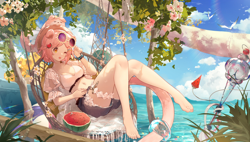 1girl absurdres animal_ears animal_on_head arknights arm_cutout barefoot bikini bird breasts bridal_garter brown_headwear cat cat_ears cat_girl cat_on_head cat_tail cleavage cloud commentary_request day denim denim_shorts eyewear_on_head floppy_ears flower flower-shaped_eyewear food food-themed_hair_ornament frills fruit full_body goldenglow_(arknights) goldenglow_(summer_flowers)_(arknights) hair_ornament hairclip hat highres infection_monitor_(arknights) innertube jiusan_naitan leaning_back looking_at_viewer medium_breasts melon melon_hair_ornament melon_slice navel ocean on_head one_eye_closed palm_tree pink_cat pink_hair purple-tinted_eyewear scottish_fold shorts sky solo spoon sunglasses swimsuit swing tail tail_ornament tinted_eyewear tree water watermelon watermelon_hair_ornament watermelon_slice white_bikini yellow_eyes