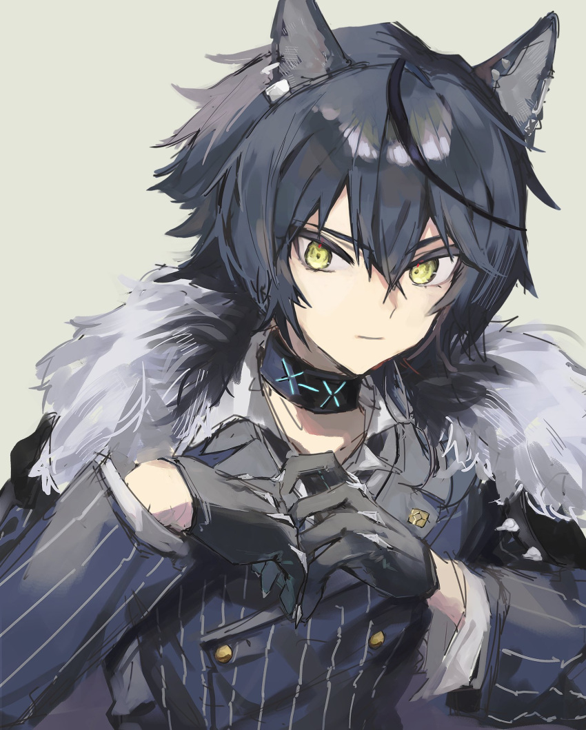 1boy animal_ear_fluff animal_ears arknights black_gloves blue_hair blue_suit buttons commentary frown fur_trim gloves grey_background highres infection_monitor_(arknights) looking_at_viewer male_focus mokuro3m own_hands_together pinstripe_pattern pinstripe_suit short_hair simple_background sketch solo striped suit vigil_(arknights) wolf_boy wolf_ears yellow_eyes