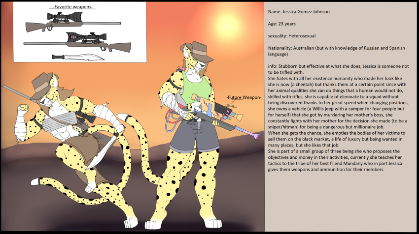 absurd_res anthro australian_hat bandage bottomwear breasts cheetah clothed clothing felid feline female flat_colors green_eyes gun hat headgear headwear hi_res holding_object holding_weapon information_box jessica_(photolol.03) knife mammal melee_weapon muscular muscular_female photolol.03 ranged_weapon rifle running shorts small_breasts sniper_rifle solo weapon