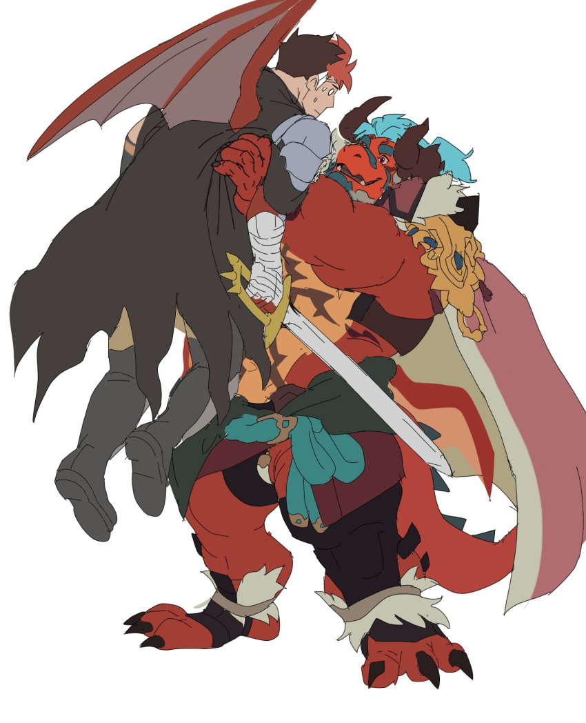 3_toes another_eidos_of_dragon_vein_r anthro atmos_(anothereidos_r) blue_hair butt_wings cape carrying_another clawed_feet clothing dragon dragon_tail duo feet gaia_(anothereidos_r) hair hi_res horn human hybrid kani_1976 male mammal muscular muscular_male red_body red_scales scales smile tan_body tan_scales toes wings