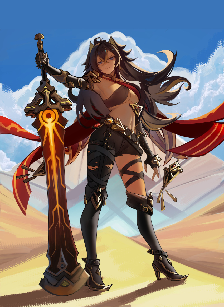 1girl absurdres arm_armor asymmetrical_clothes beacon_of_the_reed_sea_(genshin_impact) black_hair blonde_hair blue_eyes breasts criss-cross_halter crossed_bangs crossed_belts dark-skinned_female dark_skin dehya_(genshin_impact) distr genshin_impact gold_choker hair_between_eyes hair_ears halterneck highres holding holding_weapon large_breasts long_hair looking_at_viewer multicolored_hair multiple_thigh_straps pants pointy_hair single_pantsleg streaked_hair torn_clothes torn_pants weapon