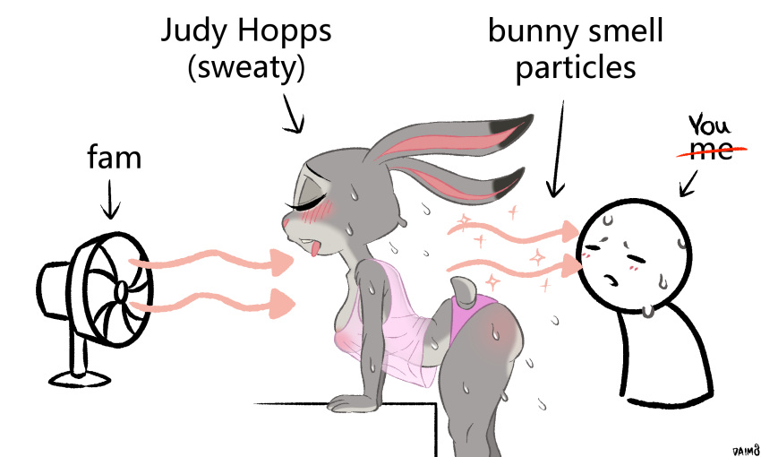 anthro areola big_breasts blush blush_lines bodily_fluids breasts clothing cotton_tail daimo dipstick_ears disney duo electric_fan eyelashes eyes_closed female fur girlsmell_particles grey_body grey_fur hi_res human judy_hopps lagomorph leporid male mammal meme multicolored_ears nipples panties pink_areola pink_clothing pink_nipples pink_panties pink_topwear pink_underwear rabbit side_view simple_background sweat sweatdrop text thick_thighs topwear translucent translucent_clothing translucent_topwear underwear white_background wide_hips zootopia