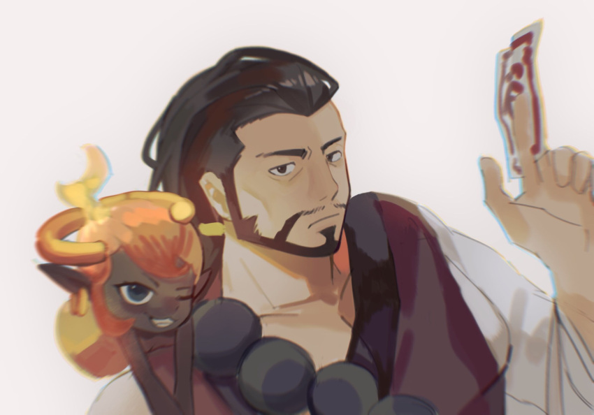 1boy bara beard character_request copyright_request creature creature_on_shoulder expressionless facial_hair hand_up highres ina_zuma long_hair looking_at_viewer male_focus mature_male mutton_chops on_shoulder onmyouji pectoral_cleavage pectorals talisman thick_eyebrows upper_body