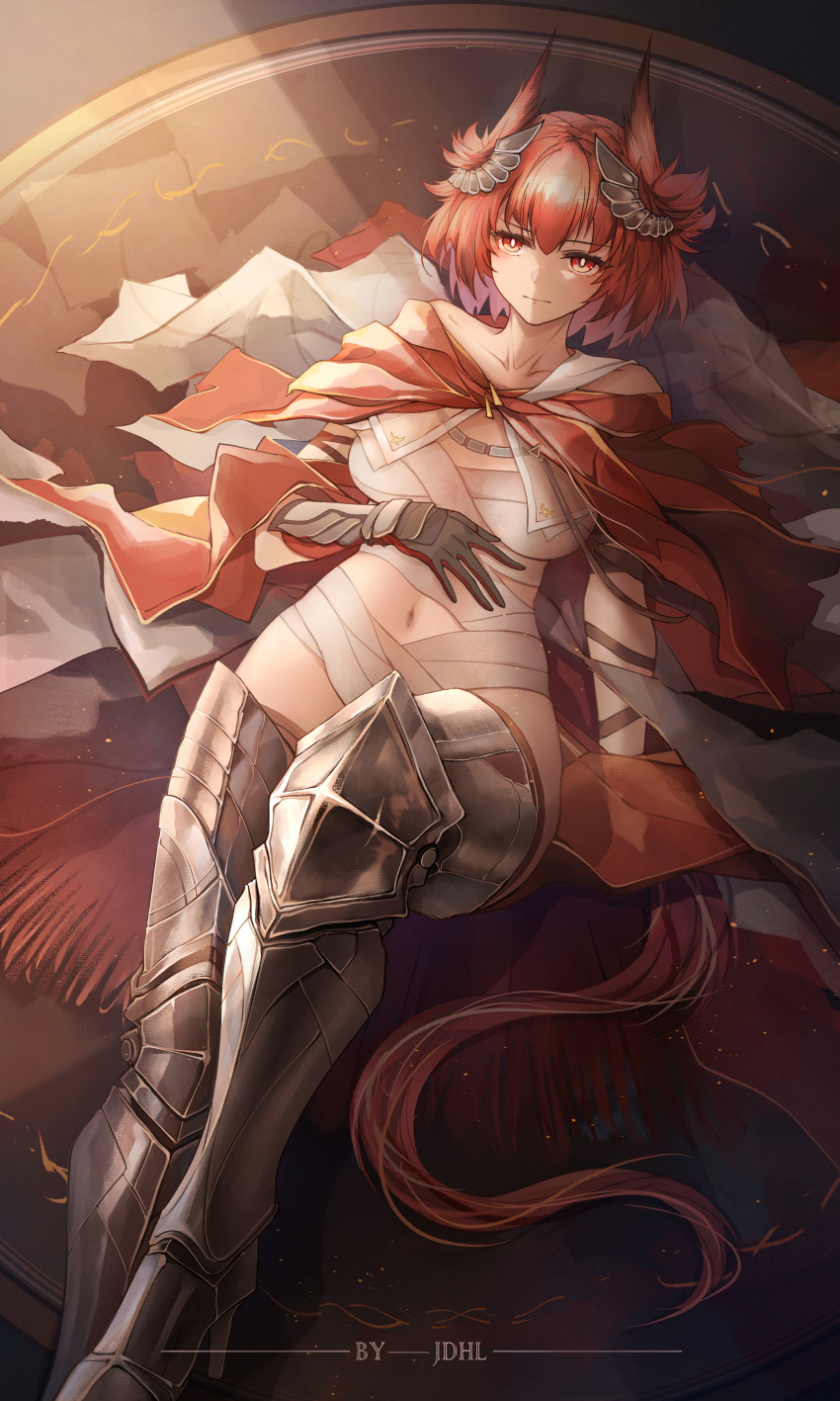 1girl absurdres arknights armor bandages black_gloves breasts feather_hair_ornament feathers fiammetta_(arknights) fiammetta_(divine_oath)_(arknights) gloves hair_ornament highres jueduihuoli looking_at_viewer red_eyes red_hair sarashi thighs