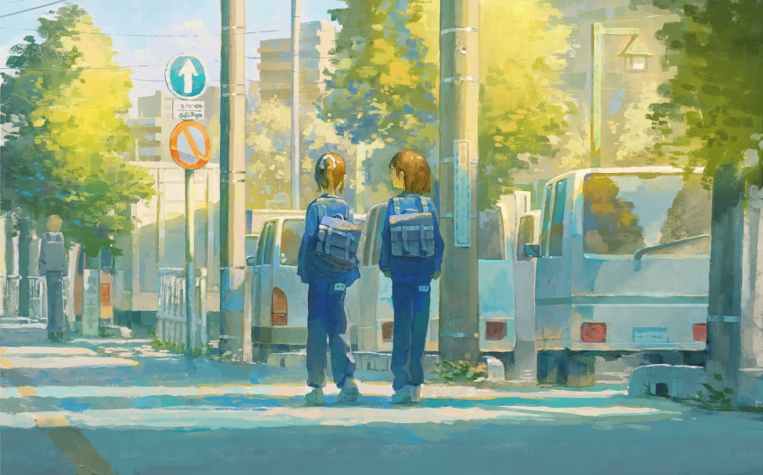 1boy 2girls bag black_hair blue_pants building car day fjsmu from_behind highres long_sleeves motor_vehicle multiple_girls original outdoors pants ponytail road_sign school_bag short_hair sign tree utility_pole