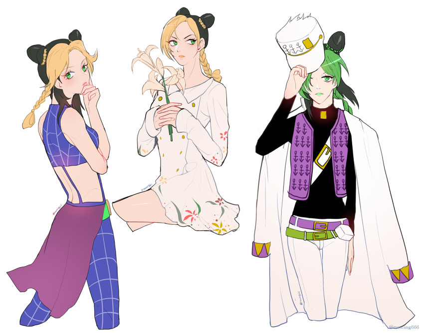 1girl 66_gousen black_hair blonde_hair braid breasts coat commentary_request cone_hair_bun cosplay double_bun dress floral_print flower green_eyes green_hair green_lips hair_bun hat holding holding_clothes holding_flower holding_hat jojo_no_kimyou_na_bouken jolyne_fly_high_with_gucci kujo_jolyne kujo_jotaro kujo_jotaro_(cosplay) long_sleeves multicolored_hair official_alternate_costume spider_web_print stone_ocean two-tone_hair white_coat yellow_lips