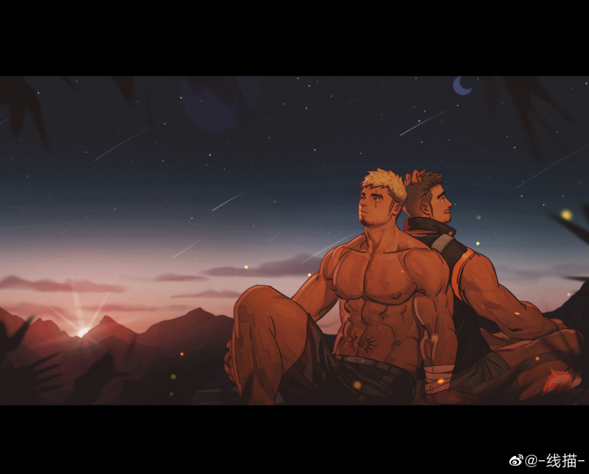 2boys abs absurdres alca_(wakatanka4) animal_ears back-to-back bandaged_arm bandages bara black_eyes black_shorts blonde_hair brown_hair ear_piercing facial_hair goatee gyee highres large_pectorals lion_boy lion_ears lion_tail male_focus moon mountainous_horizon multiple_boys muscular muscular_male navel night nipples original outdoors pectorals piercing romg scar scar_across_eye shooting_star short_hair shorts sideburns sitting stomach_tattoo sun tail tattoo thick_thighs thighs topless_male undercut xian_miao