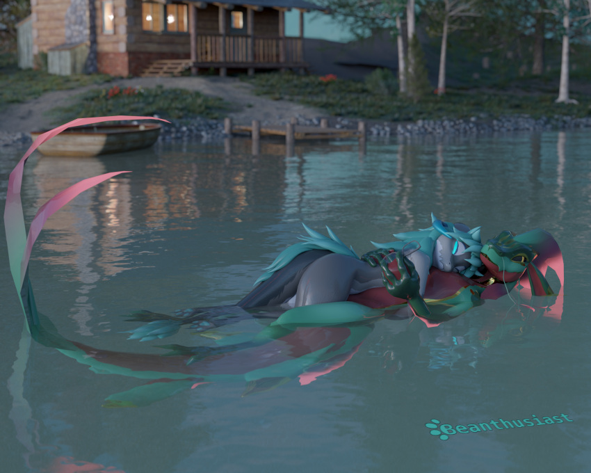 3d_(artwork) aqualux aquatic_dragon asher_sterling beanthusiast blender_(software) blender_cycles boat cabin claws cuddling detailed_background digital_media_(artwork) digitigrade dragon embrace eyewear feet fin fish floating fur glasses glasses_off hair half-closed_eyes hand_on_back head_fin head_on_chest hi_res holding_object horn hug lake lying lying_on_another maleherm_(lore) marine narrowed_eyes nude on_back on_front one_eye_closed outside paws pier plant swimming tail tail_fin thick_tail toes vehicle water watercraft watermark wet wet_body whiskers wickerbeast zeamous