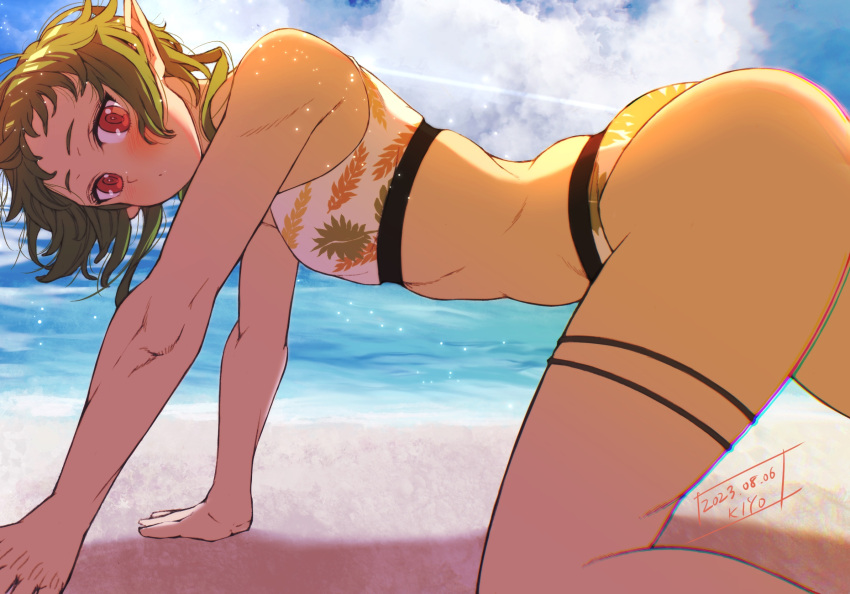 1girl all_fours artist_name beach bikini blue_sky blush cloud dated day elf green_hair highres kiyo_(a_sam_ko) leaf_print mushoku_tensei ocean outdoors pointy_ears red_eyes short_hair sky solo swimsuit sylphiette_(mushoku_tensei) thigh_strap water