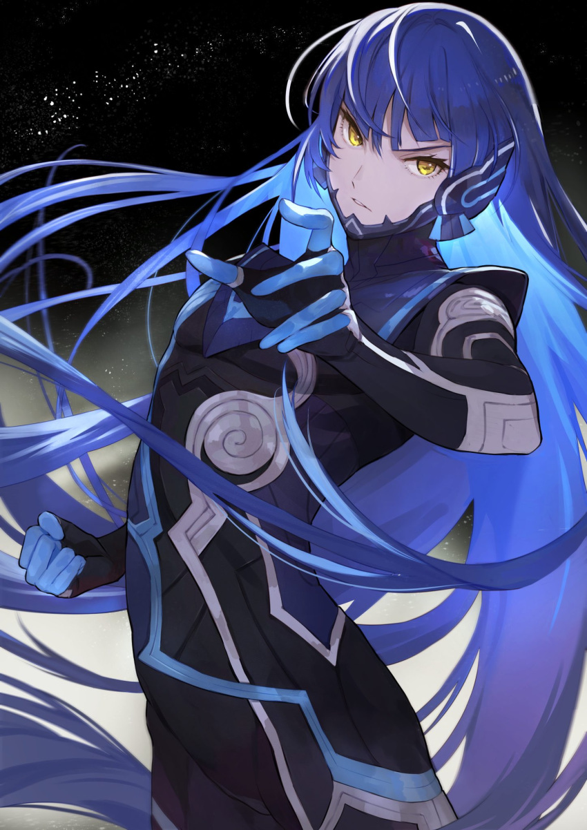 1boy androgynous arched_back armor black_bodysuit blue_bodysuit blue_hair bodysuit colored_inner_hair commentary_request cowboy_shot crossed_bangs donbee937 floating_hair hand_up highres long_hair looking_at_viewer male_focus multicolored_hair night night_sky parted_lips protagonist_(smtv) shin_megami_tensei shin_megami_tensei_v sidelocks sky star_(sky) starry_sky swept_bangs v-shaped_eyebrows very_long_hair yellow_eyes