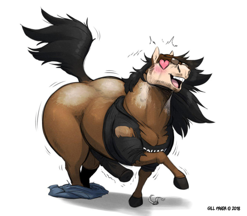 &lt;3 &lt;3_eyes animal_genitalia animal_penis balls black_hair bottomwear bottomwear_down brown_body brown_fur brown_hair clothed clothing equid equine equine_genitalia equine_penis erection eyewear facial_hair feral fur fur_growth genitals gillpanda glasses growth hair horse male mammal medial_ring open_mouth pants pants_around_ankles pants_down partially_clothed penis simple_background solo teeth torn_clothing white_background