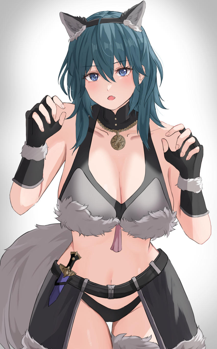 1girl absurdres alternate_costume animal_ears arms_up black_gloves blue_eyes blue_hair bra breasts byleth_(female)_(fire_emblem) byleth_(fire_emblem) fake_animal_ears fingerless_gloves fire_emblem fire_emblem:_three_houses fur-trimmed_bra fur_trim gloves highres jewelry looking_at_viewer medium_breasts navel parted_lips peli_cantaro pendant solo tail underwear wolf_ears wolf_tail