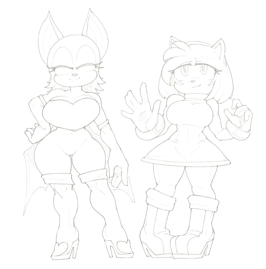 amy_rose anthro bat_wings big_breasts boots breasts clothed clothing dress duo female footwear fully_clothed gloves handwear harkonner hi_res high_heeled_boots high_heels membrane_(anatomy) membranous_wings monochrome rouge_the_bat sega sonic_the_hedgehog_(series) standing tight_clothing wings