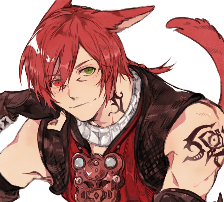 1boy animal_ears arm_tattoo black_gloves braid braided_ponytail cat_boy cat_ears cat_tail facial_mark final_fantasy final_fantasy_xiv fingerless_gloves g'raha_tia gloves green_eyes gyulseu head_rest heterochromia highres looking_at_viewer male_focus miqo'te neck_tattoo red_eyes red_hair red_vest short_hair short_ponytail simple_background single_braid slit_pupils smile solo tail tattoo upper_body vest white_background