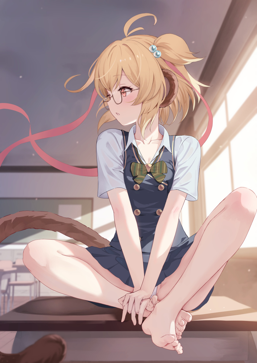 1girl absurdres andira_(granblue_fantasy) animal_ears barefoot bespectacled black-framed_eyewear blonde_hair classroom erune glasses granblue_fantasy hair_ribbon highres indian_style indoors kimblee legs looking_to_the_side monkey_ears monkey_tail red_ribbon ribbon school_uniform short_hair sitting solo tail toenails toes