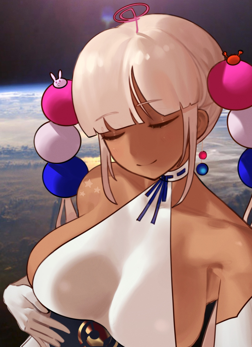 1girl absurdres bare_shoulders blunt_bangs breasts cleavage collarbone commentary cookiedusty dark-skinned_female dark_skin elbow_gloves gloves hair_ornament halterneck highres hololive hololive_english large_breasts lens_flare limiter_(tsukumo_sana) planet rabbit_hair_ornament see-through see-through_cleavage sideboob sidelocks smile solo space star_(symbol) tsukumo_sana tsukumo_sana_(1st_costume) twintails upper_body virtual_youtuber white_gloves