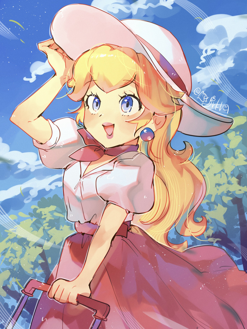 1girl :d absurdres arm_up artist_name blonde_hair blue_eyes blue_sky blush cloud collared_shirt commentary_request day earrings eyelashes hanaon hat high-waist_skirt highres jewelry lips long_hair long_skirt mario_(series) open_mouth outdoors pink_skirt princess_peach princess_peach_(vacation) puffy_short_sleeves puffy_sleeves shirt shirt_tucked_in short_sleeves sidelocks signature skirt sky smile solo sphere_earrings suitcase sun_hat super_mario_odyssey tree twitter_username white_headwear white_shirt wind