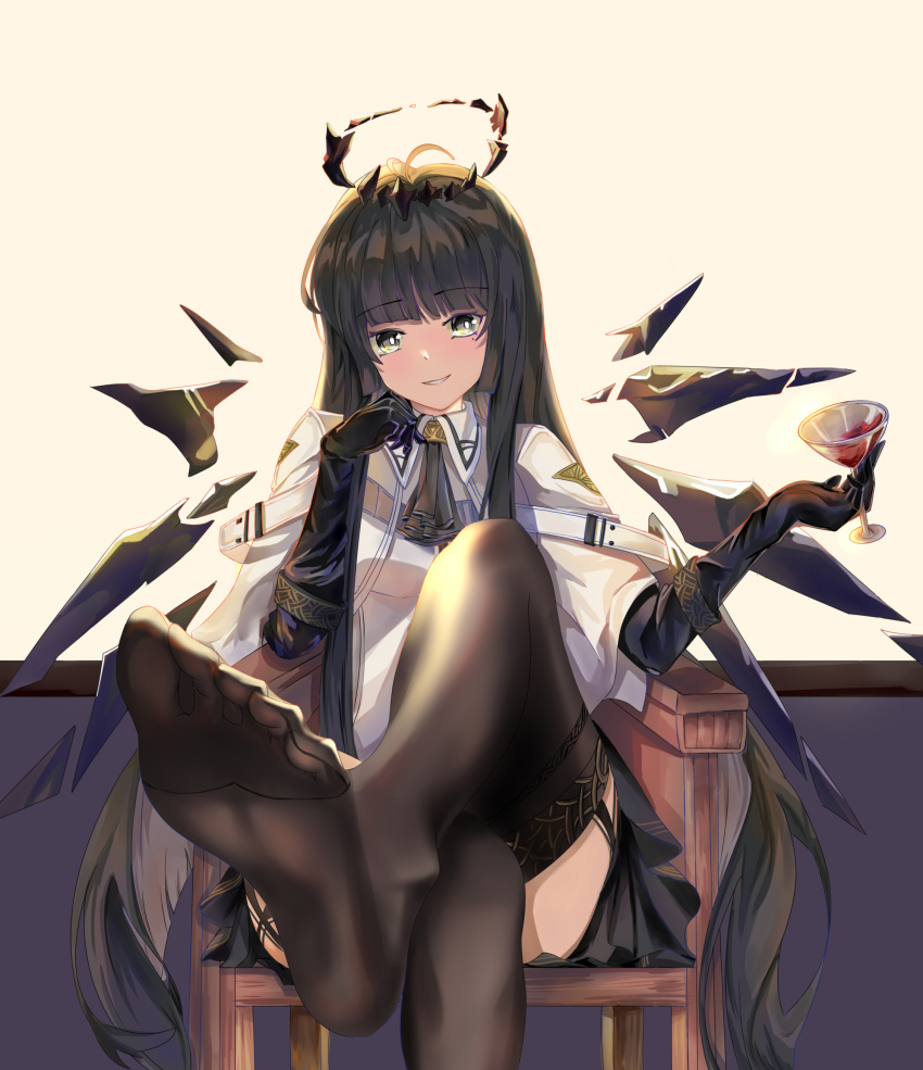 1girl absurdres alcohol antenna_hair arknights ascot backlighting belt belt_buckle black_ascot black_eyes black_garter_straps black_gloves black_hair black_halo black_skirt black_sleeves black_thighhighs black_wings blunt_bangs breasts bright_pupils broken_halo buckle chair chinese_commentary collared_jacket colored_inner_hair commentary_request crossed_legs cup dark_halo detached_wings drink drinking_glass energy_wings feet foot_focus foot_out_of_frame foot_up foreshortening garter_straps glass gloves grey_hair halo hand_on_own_cheek hand_on_own_face hands_up highres hime_cut holding holding_cup holding_drink jacket layered_sleeves legs long_hair long_sleeves looking_at_viewer miniskirt mole mole_under_eye multicolored_hair no_shoes on_chair parted_lips pleated_skirt presenting presenting_foot red_curtains see-through see-through_thighhighs sepia_background shade short_over_long_sleeves short_sleeved_jacket short_sleeves sidelocks simple_background sitting skirt smile smirk soles solo teeth thighhighs thighs toes two-tone_hair variant_set very_long_hair virtuosa_(arknights) white_belt white_jacket white_pupils wide_sleeves window wine wine_glass wing_collar wings ying_wei_jin_inexistenec zettai_ryouiki