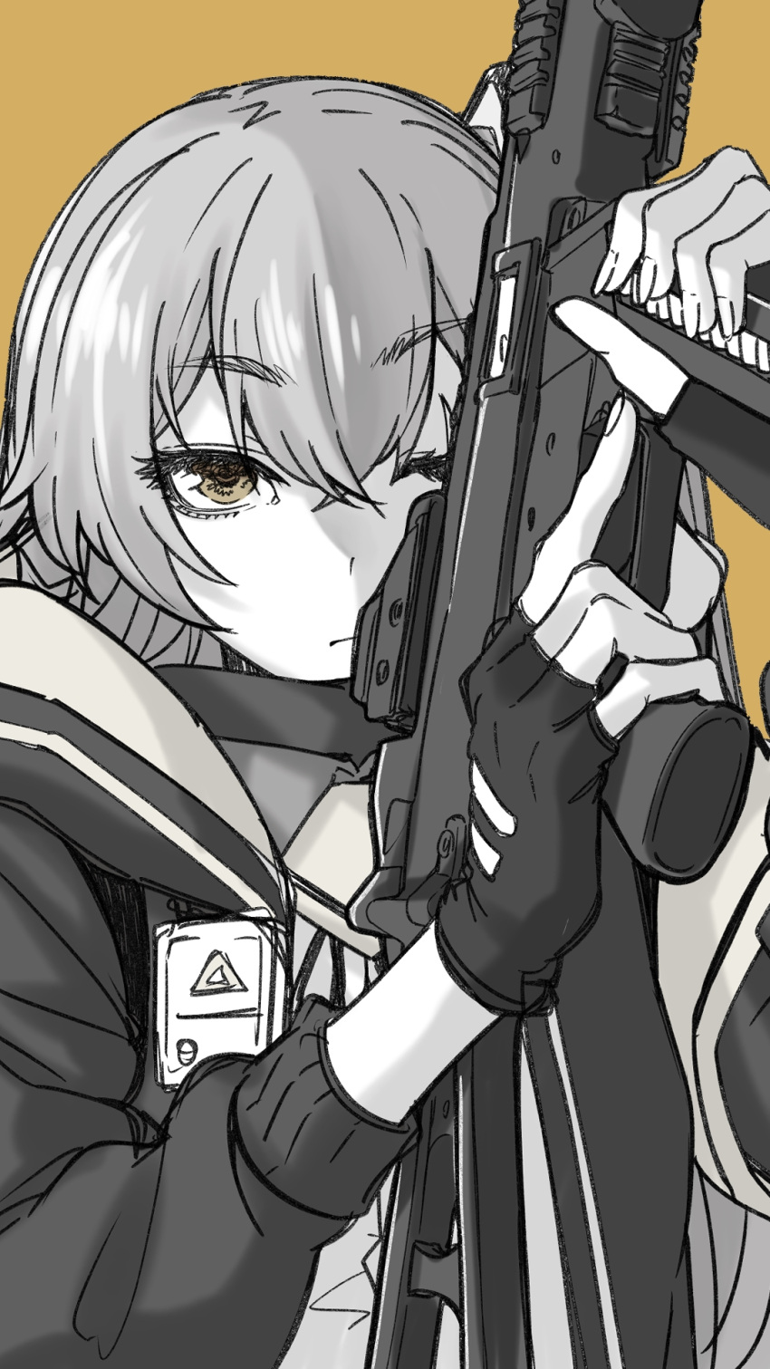 1girl brown_background brown_eyes fingerless_gloves girls'_frontline gloves greyscale_with_colored_background gun h&amp;k_ump hair_between_eyes highres holding holding_gun holding_weapon jacket long_hair magazine_(weapon) monochrome nakiusagi one_eye_closed scar scar_across_eye simple_background solo spot_color submachine_gun trigger_discipline ump45_(girls'_frontline) weapon