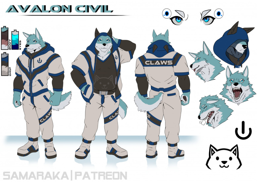 anthro avalon blue_eyes boots bottomwear bulge canid canine canis claws clothing comic crisis domestic_dog dorsal_view facial_expressions fluffy footwear hoodie icon jacket male mammal model_sheet open_mouth pants samaraka shiba_inu shirt solo spitz teeth tongue topwear ventral_view