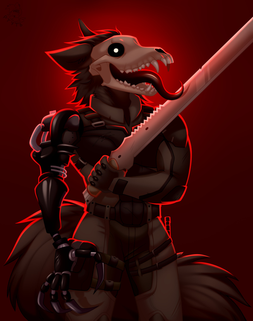 2023 4_claws 5_fingers absurd_res anthro bone canid canine canis claws clothed clothing colored cybernetic_arm cybernetic_limb cybernetics digital_drawing_(artwork) digital_media_(artwork) fingers fur gradient_background grey_body grey_fur hi_res holding_object holding_weapon licking_weapon long_tongue looking_at_viewer machine male mammal melee_weapon open_mouth richard_gaunt rtootb shaded signature simple_background skull skull_head skulldog_(species) solo sword tail teeth tongue tongue_out watermark weapon
