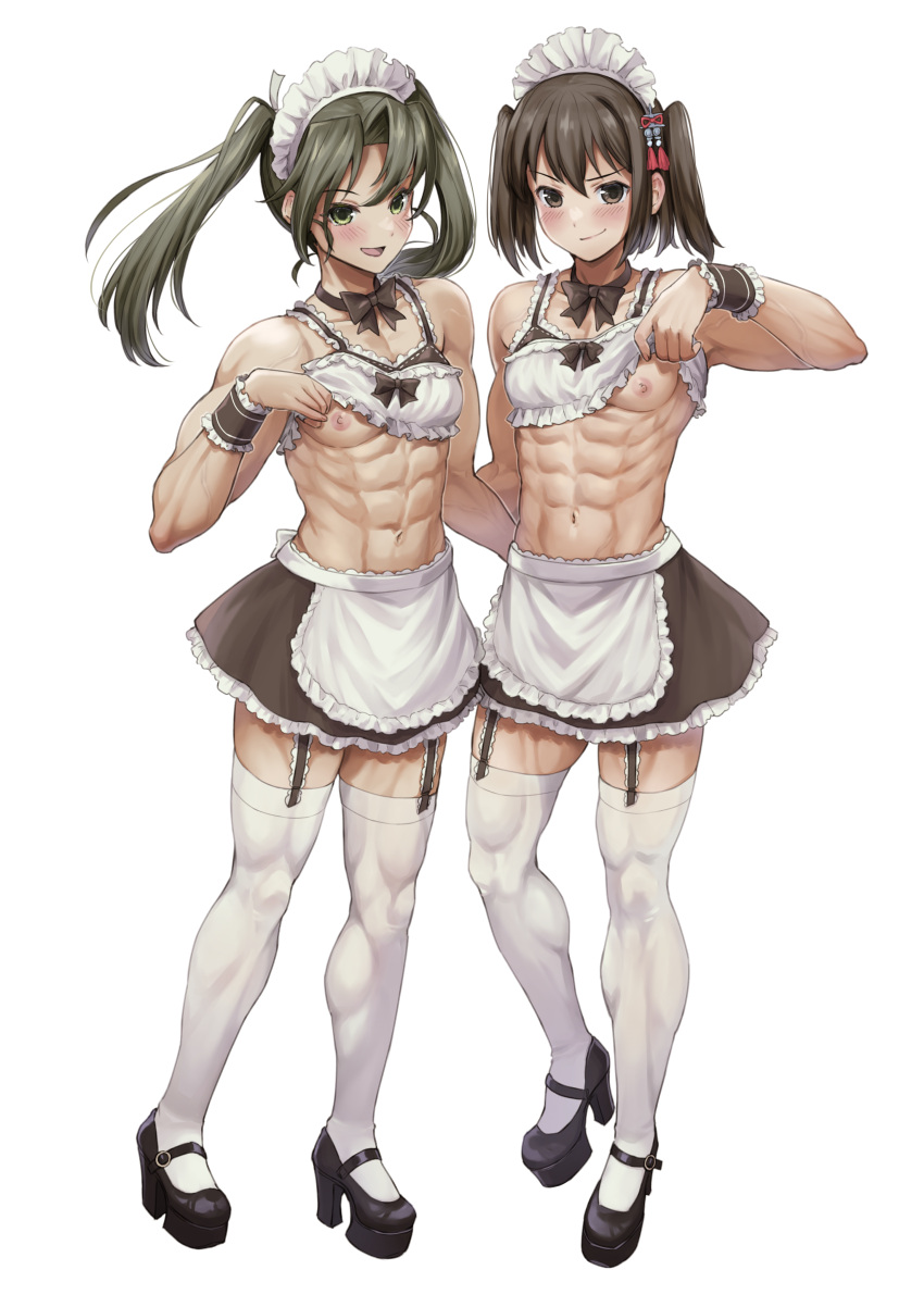 2girls abs absurdres alternate_costume alternate_muscle_size apron black_footwear bow bowtie breasts brown_bow brown_bowtie brown_eyes brown_hair brown_skirt dark_green_hair detached_collar enmaided frilled_apron frilled_skirt frills full_body green_eyes hair_ornament high_heels highres kantai_collection long_hair maid maid_apron maid_headdress miniskirt multiple_girls muscular muscular_female navel nipples one_breast_out sahara1127 sendai_(kancolle) sendai_kai_ni_(kancolle) simple_background skirt small_breasts smile standing thighhighs twintails waist_apron white_apron white_background white_thighhighs wrist_cuffs zuikaku_(kancolle)