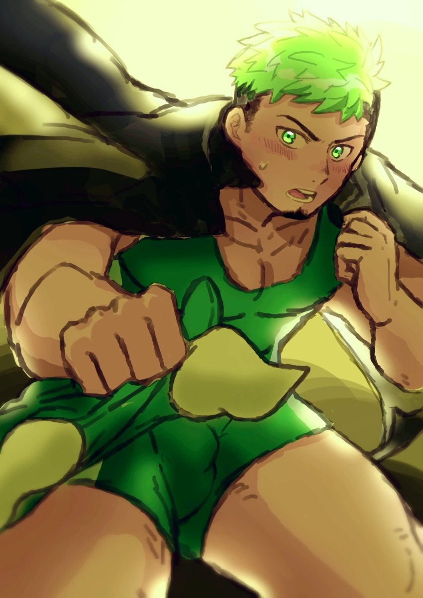 1boy bara black_hair blush bulge clenched_hand dark-skinned_male dark_skin facial_hair feet_out_of_frame gakuran goatee green_hair haishiba_ame highres holding holding_mask ikusaba_daisuke jacket jacket_on_shoulders male_focus mask multicolored_hair muscular muscular_male open_mouth pectoral_cleavage pectorals school_uniform short_hair sideburns singlet solo sweatdrop taurus_mask thick_thighs thighs tokyo_afterschool_summoners two-tone_hair wrestling_outfit