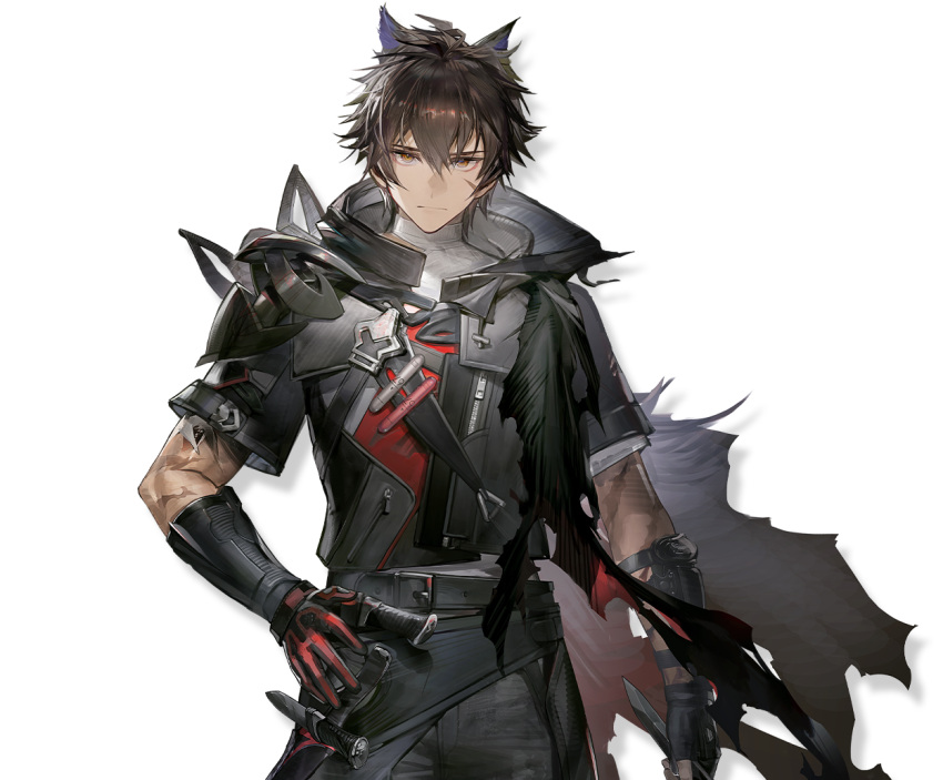 1boy animal_ears arknights arknights:_endfield belt black_gloves black_jacket black_pants brown_eyes brown_hair cape closed_mouth cowboy_shot crossed_bangs fingerless_gloves gloves hair_between_eyes hand_on_own_hip holding holding_knife jacket knife looking_at_viewer male_focus official_art pants red_gloves reverse_grip scar scar_on_arm scar_on_cheek scar_on_face short_hair single_fingerless_glove solo spiked_hair standing tail torn_cape torn_clothes transparent_background two-tone_gloves wolf_boy wolf_ears wolf_tail wulfgard_(arknights)