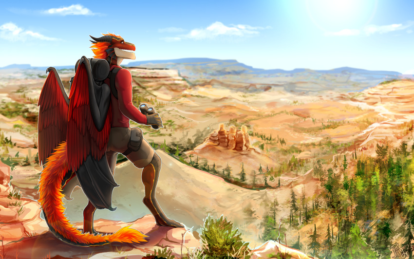2023 amazing_background anthro binoculars biped bottomwear canyon clothing detailed detailed_background digital_media_(artwork) digitigrade dragon feathers female forest fur hi_res jacket membrane_(anatomy) membranous_wings multicolored_body orange_body orange_fur outside pig_(artist) plant red_body red_clothing red_feathers red_jacket red_topwear scalie shorts solo standing topwear tree wings