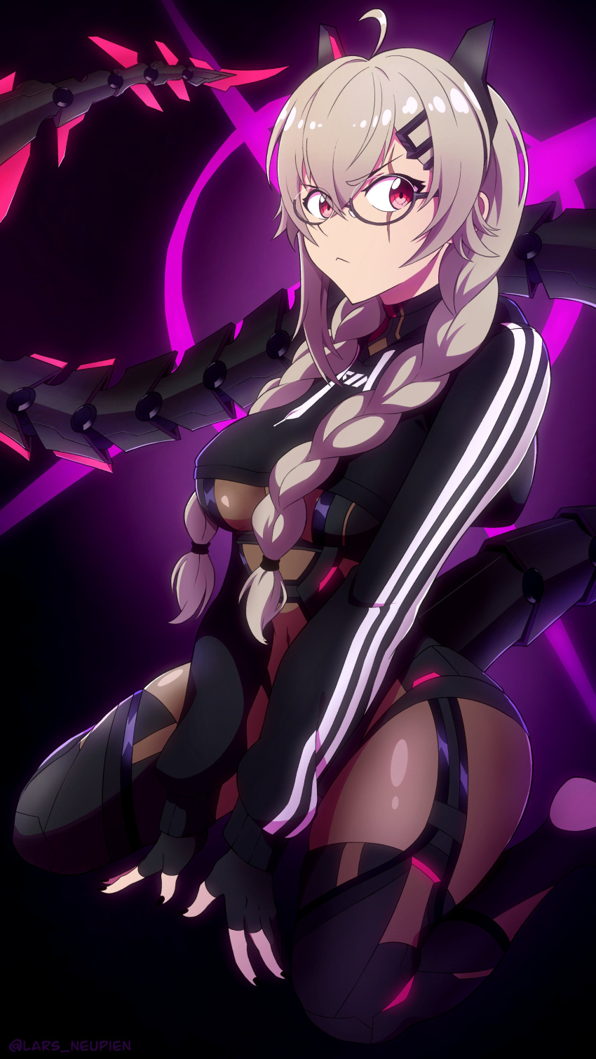 1girl absurdres black_nails bodysuit breasts cropped_hoodie gloves grey_bodysuit highres hood hoodie horns indie_virtual_youtuber large_breasts lars_neupien long_hair long_sleeves looking_at_viewer mechanical_horns mechanical_tail nail_polish partially_fingerless_gloves red_eyes saruei_(vtuber) scar scar_across_eye tail virtual_youtuber